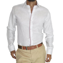 Cargar imagen en el visor de la galería, Camisa de Vestir Modelo OPV1 Color Blanco con Contrastes 100% Lino.
