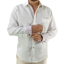 Cargar imagen en el visor de la galería, Camisa de Vestir Modelo OPV4 Color Blanco con Contrastes 100% Lino

