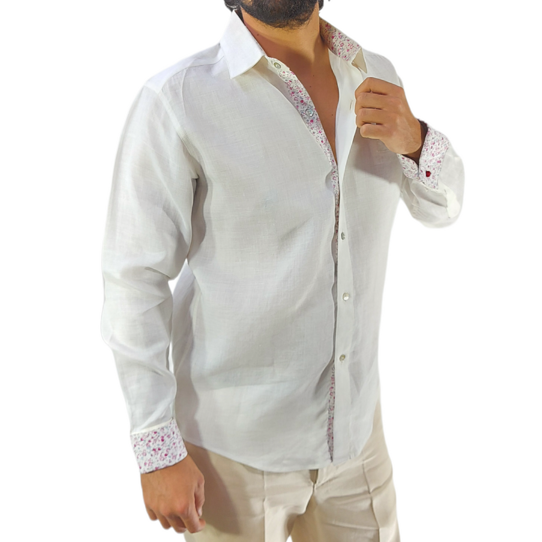 Camisa de Vestir Modelo OPV4 Color Blanco con Contrastes 100% Lino