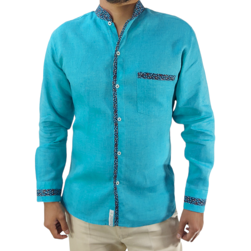 Camisa de Vestir Modelo OPV5 Color Turquesa con Contrastes 100% Lino