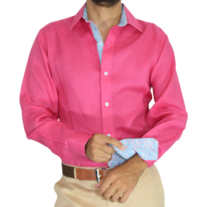 Camisa de Vestir OPV2 Color Rosa con COntrastes 100% Lino.